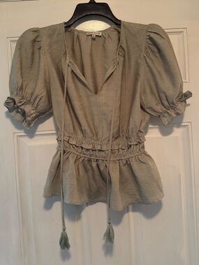 Moon River Sage Green Puff Sleeve Peplum Top with Tassel Ties